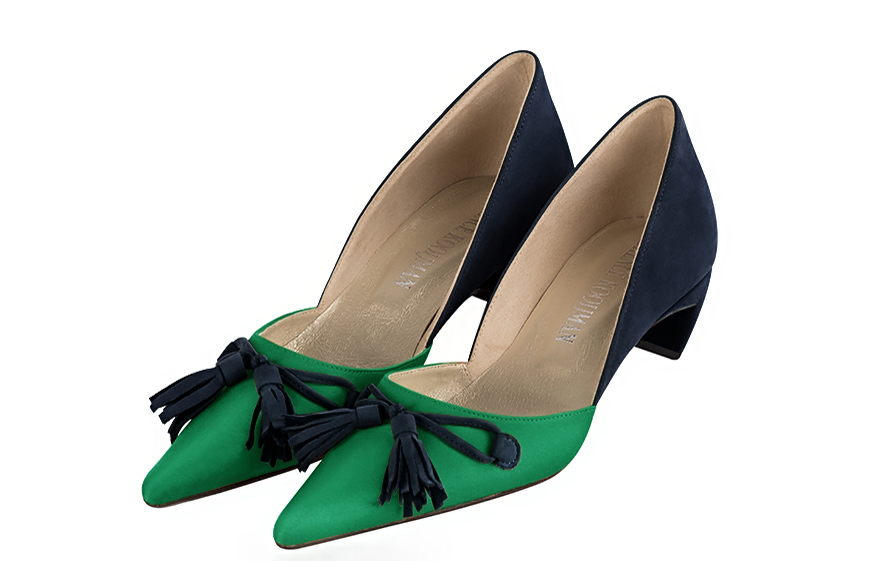 Emerald green and navy blue women's open arch dress pumps. Pointed toe. Low comma heels. Front view - Florence KOOIJMAN